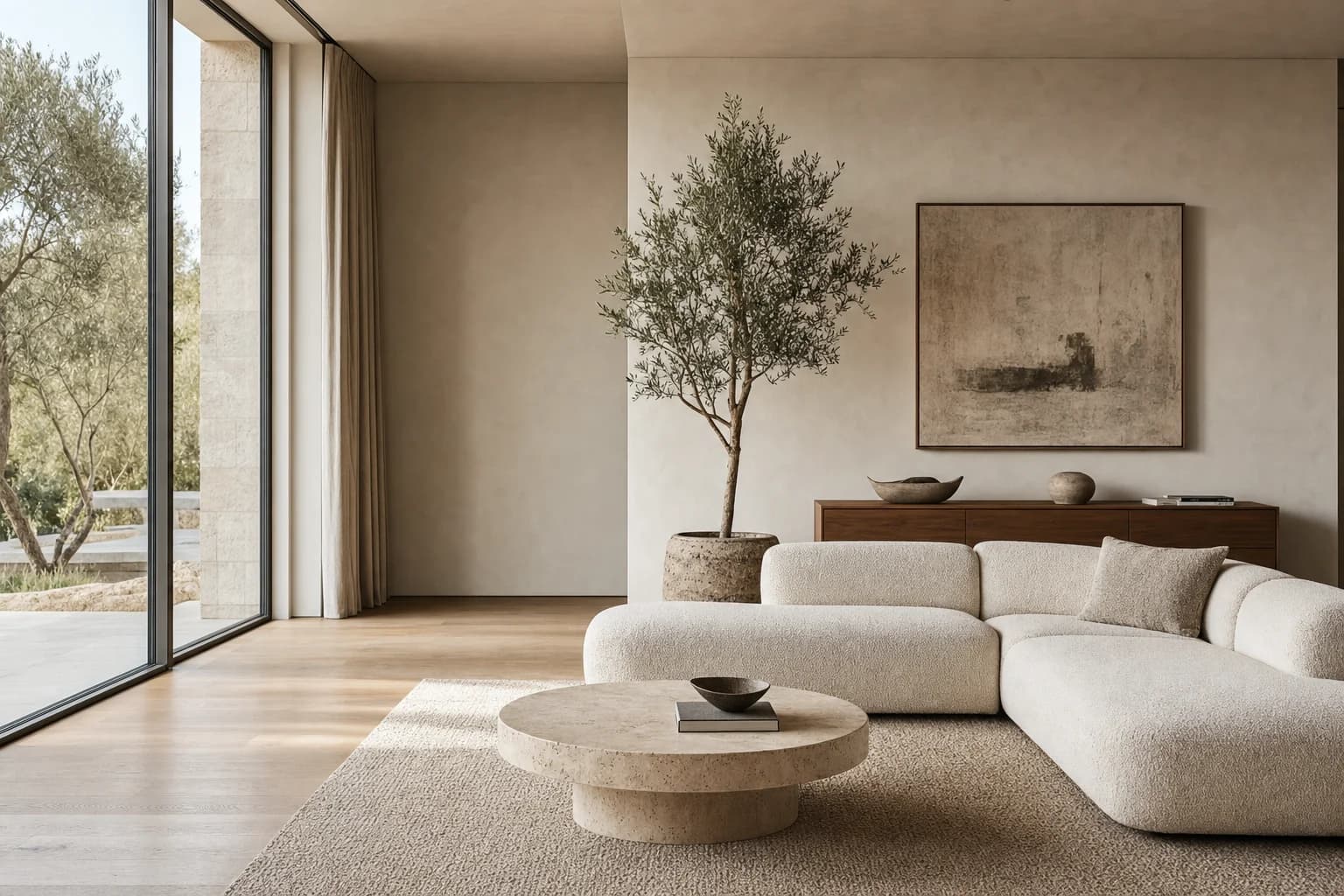 Salon minimaliste contemporain, canapé bas ivoire et surfaces dégagées