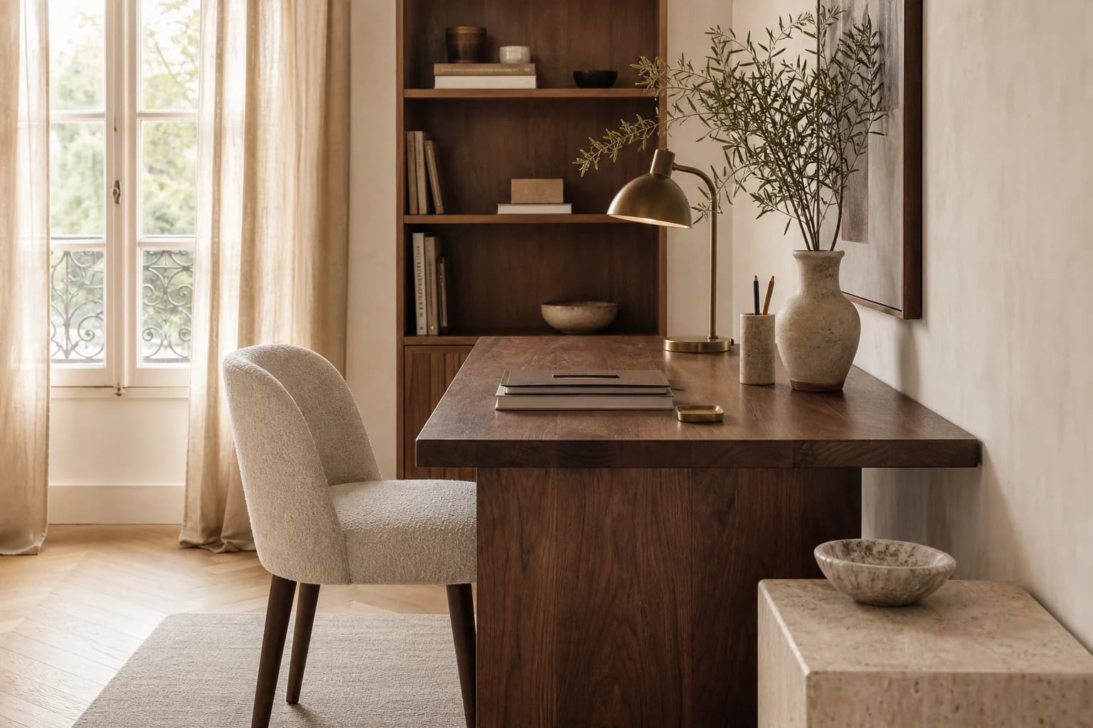 Bureau à domicile intégré : plan en bois massif, assise enveloppante, bibliothèque basse