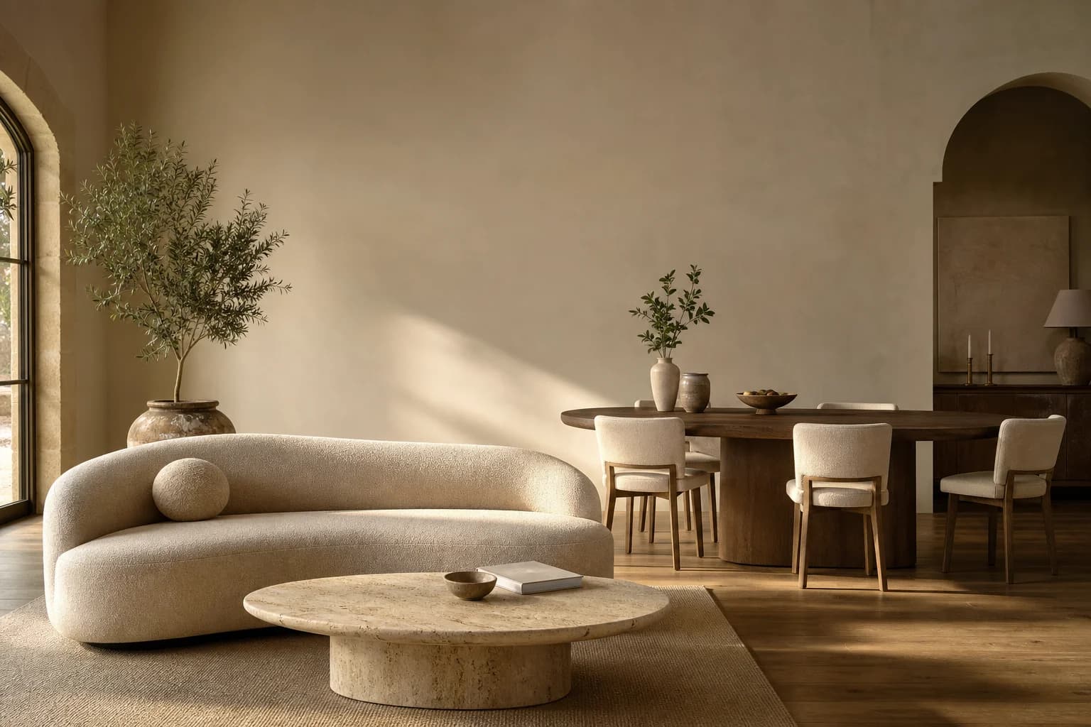 Ensemble complet MaisondAix — canapé en bouclé, table basse en travertin et table de repas accordés dans un même intérieur provençal