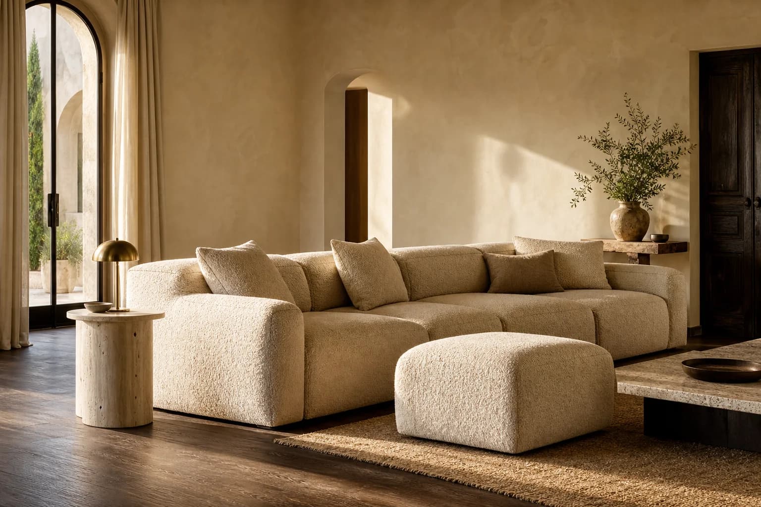 Canapé modulable en bouclé écru MaisondAix, composé de modules séparés et d’un pouf mobile