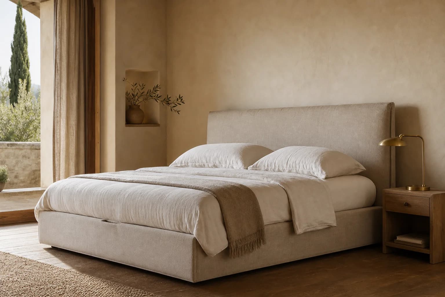 Lit coffre rembourré en lin MaisondAix, tête de lit haute et couchage relevable dans une chambre lumineuse