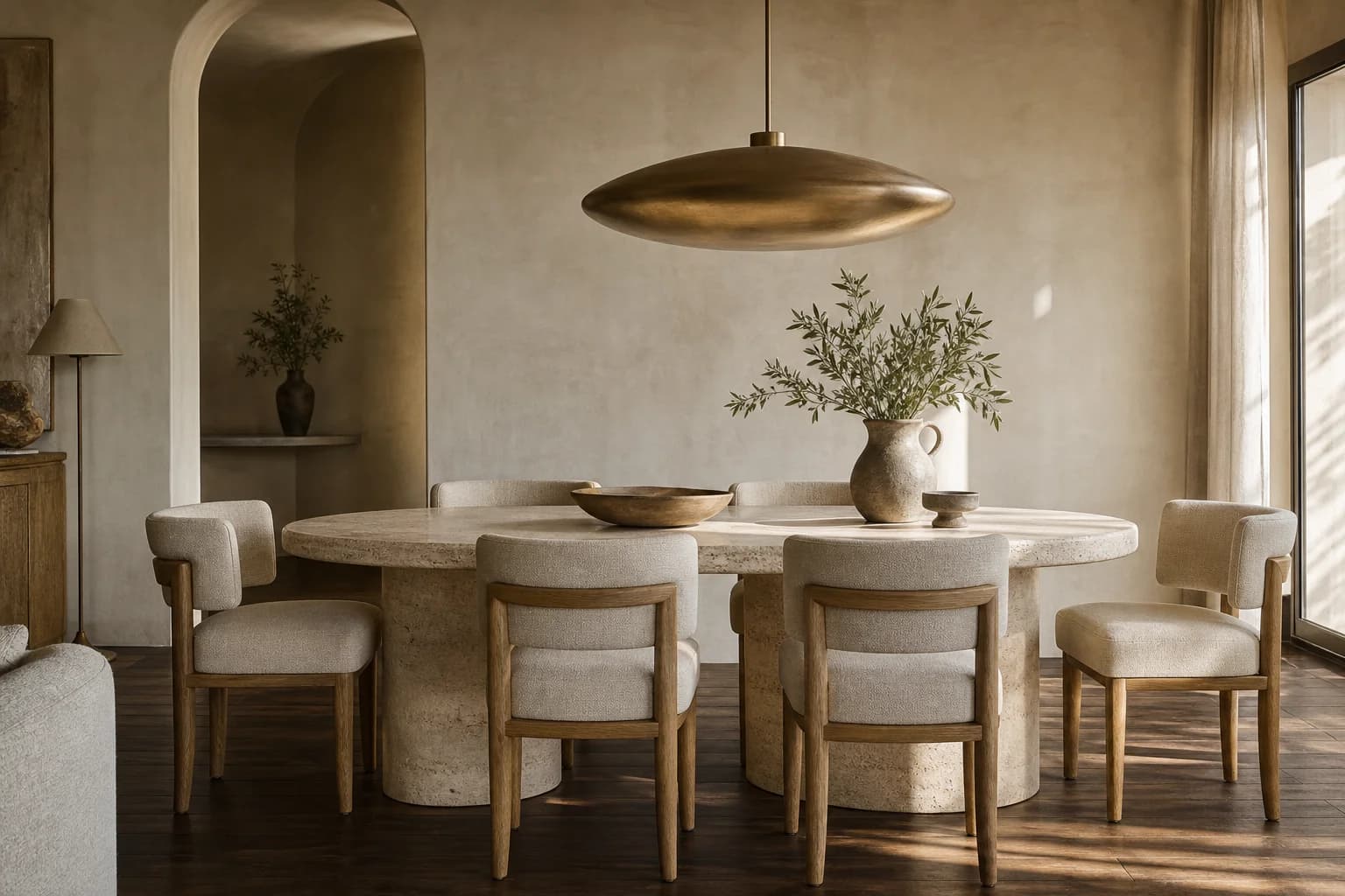 Ensemble repas MaisondAix — table ovale en travertin et six chaises en lin assorties