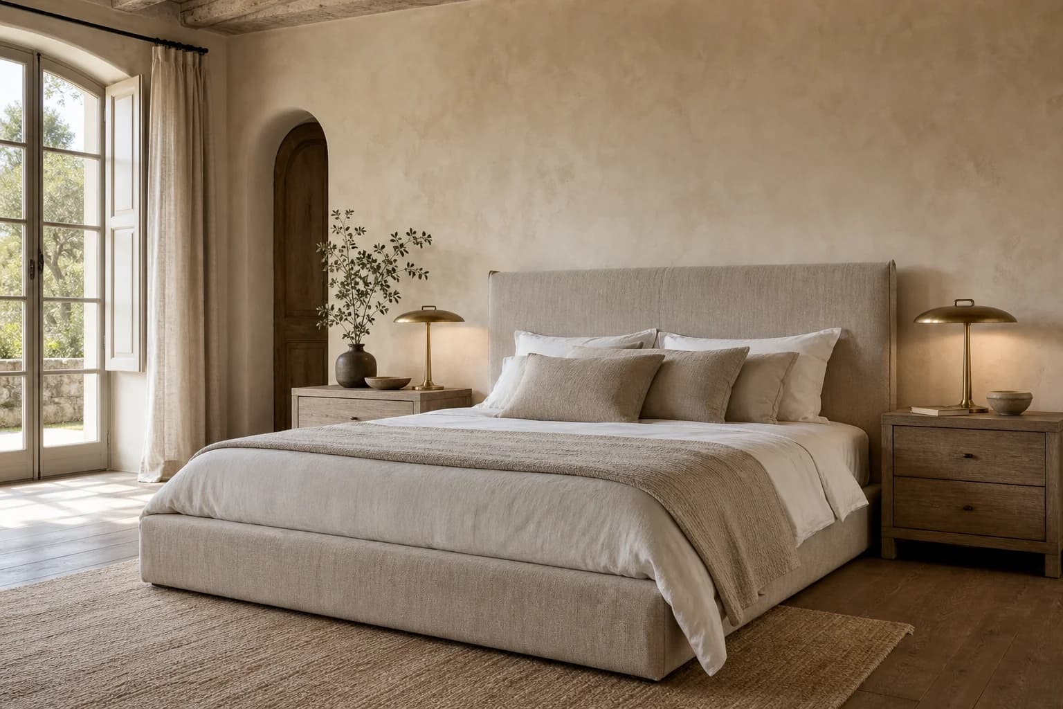 Ensemble chambre MaisondAix — lit en lin lavé, matelas et chevets en chêne accordés dans une même chambre