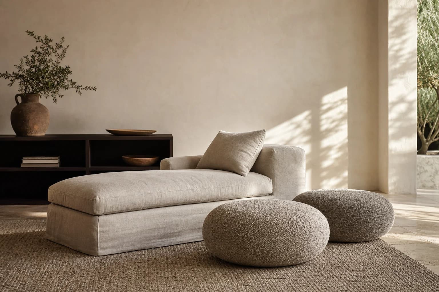 Méridienne et pouf en lin MaisondAix complétant une assise de salon contemporain