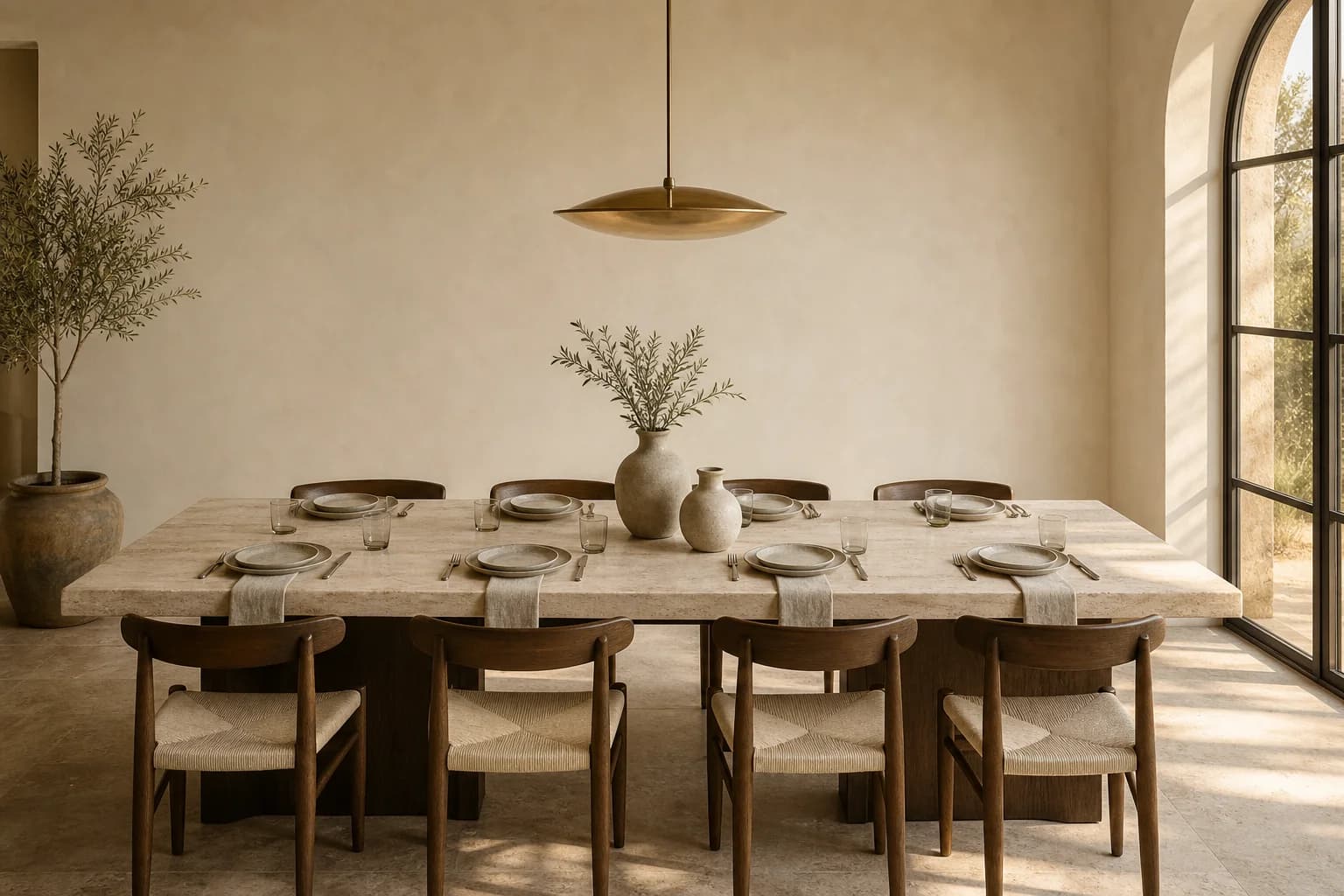 Table à manger rectangulaire en pierre naturelle MaisondAix dressée pour huit convives