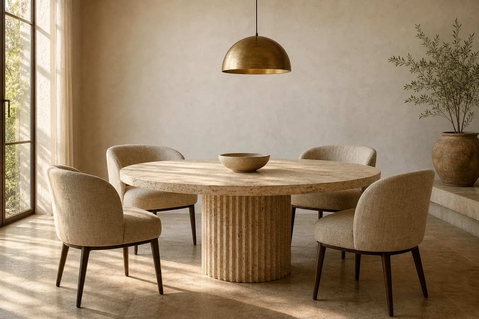 Table à manger ronde en travertin MaisondAix entourée de chaises en lin