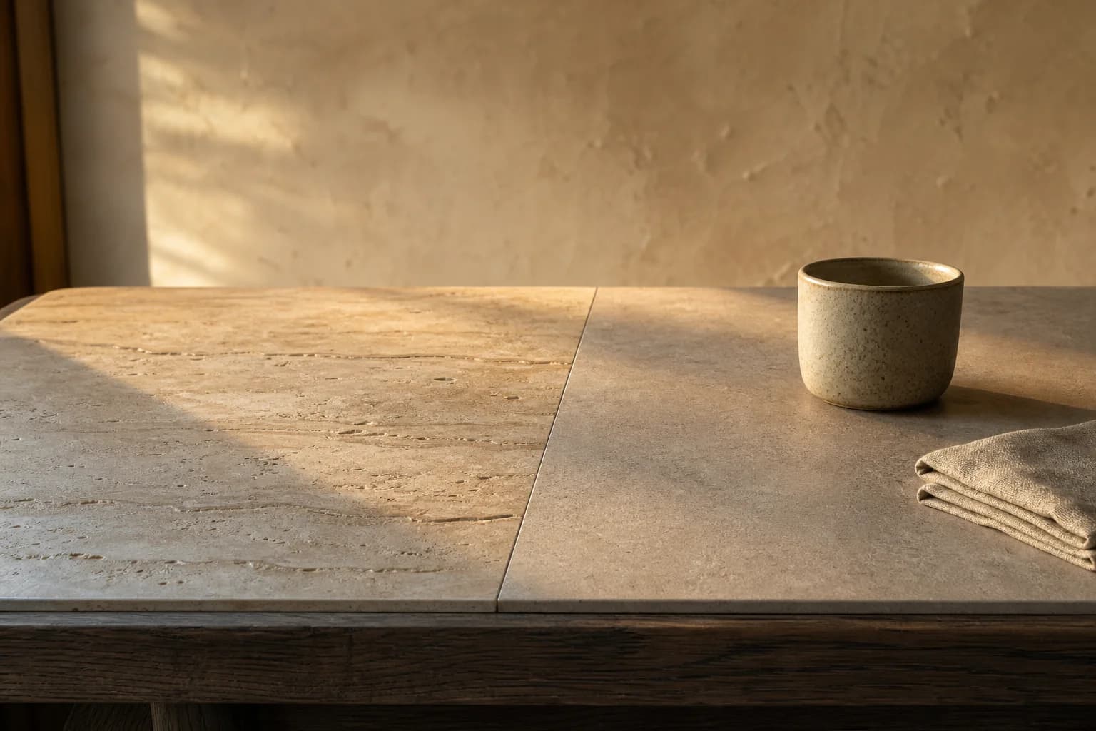 Plateau de table en travertin et céramique pleine masse MaisondAix, veinage éclairé en lumière rasante