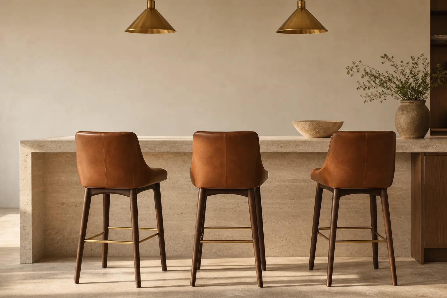 Tabourets de bar en cuir et laiton brossé MaisondAix alignés le long d’un îlot de cuisine