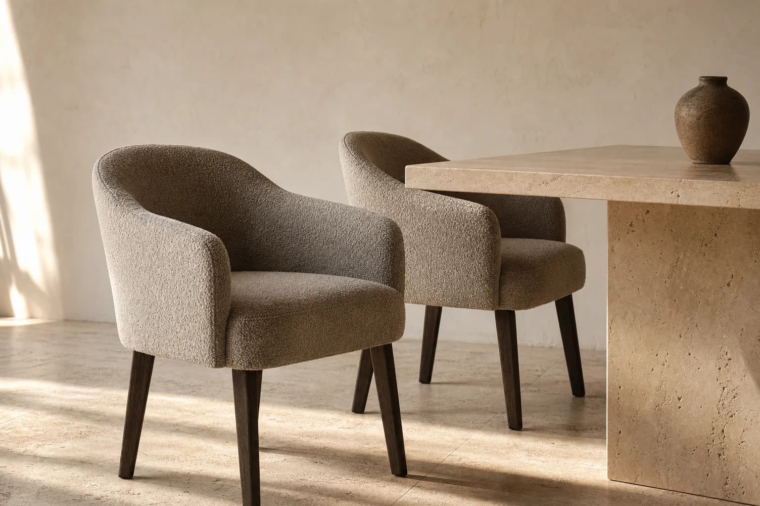 Chaises avec accoudoirs rembourrées MaisondAix glissées sous un plateau en travertin