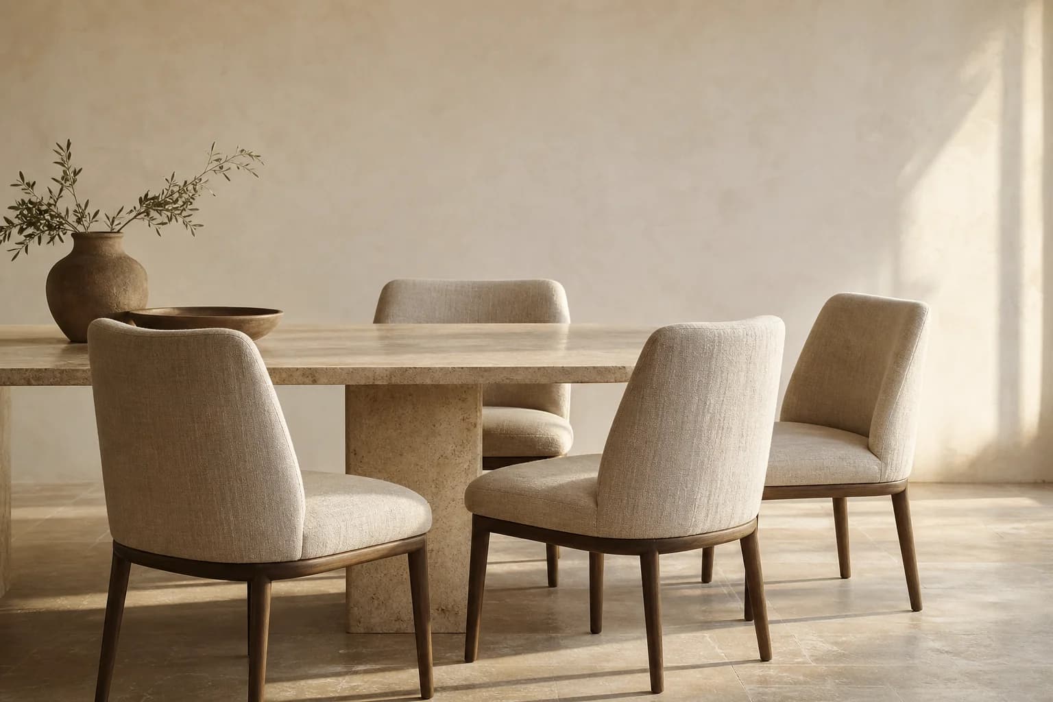 Chaises de salle à manger en lin et chêne fumé MaisondAix autour d’une table de pierre