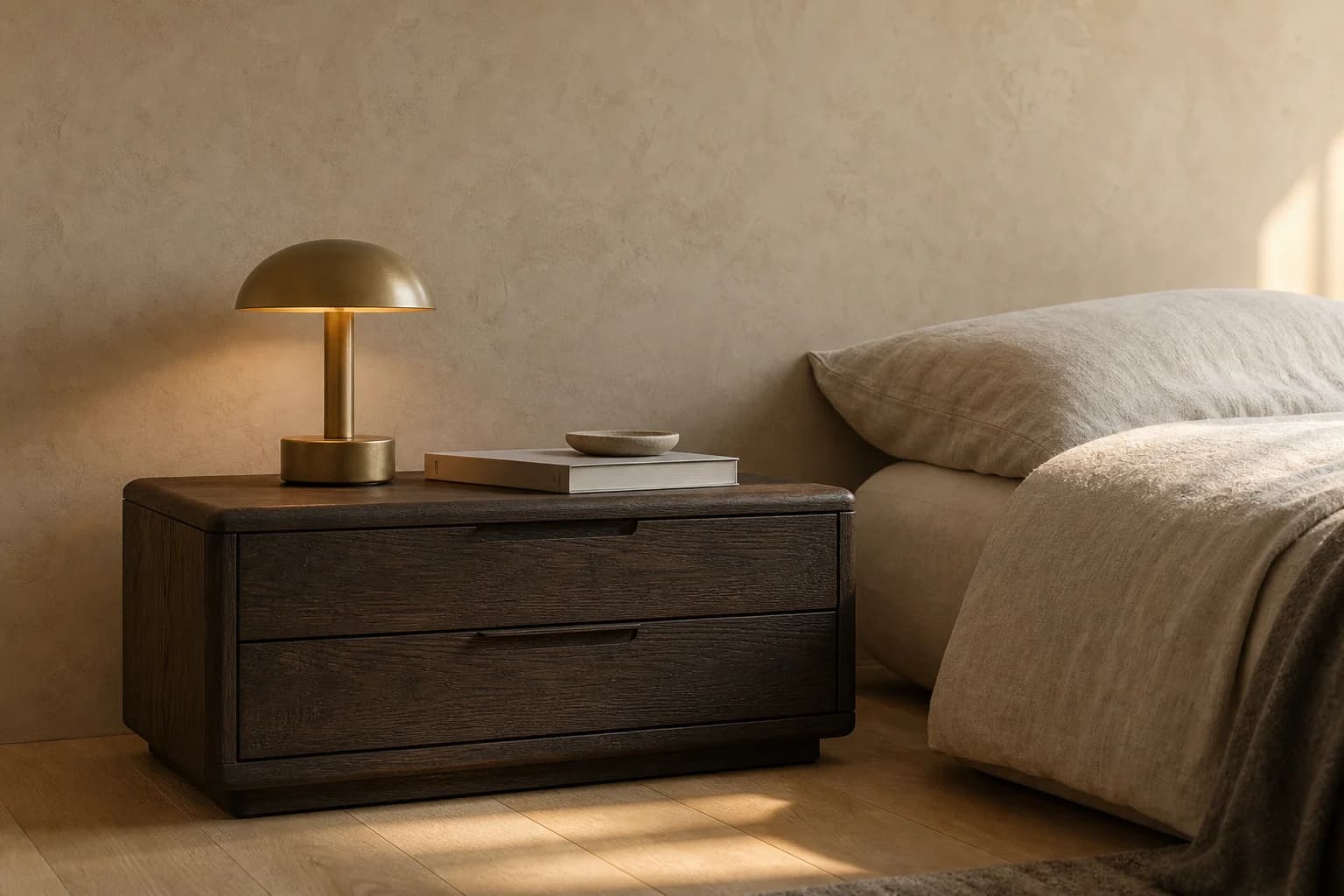 Chevet en chêne fumé MaisondAix avec lampe en laiton, aligné sur la hauteur du matelas
