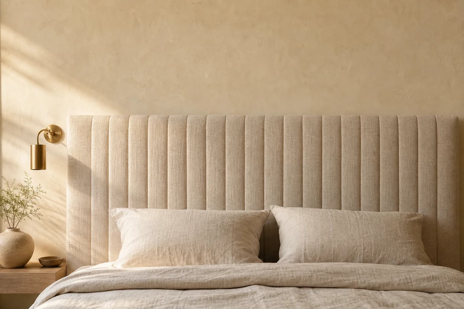 Tête de lit rembourrée en lin MaisondAix structurant le mur d’une chambre contemporaine