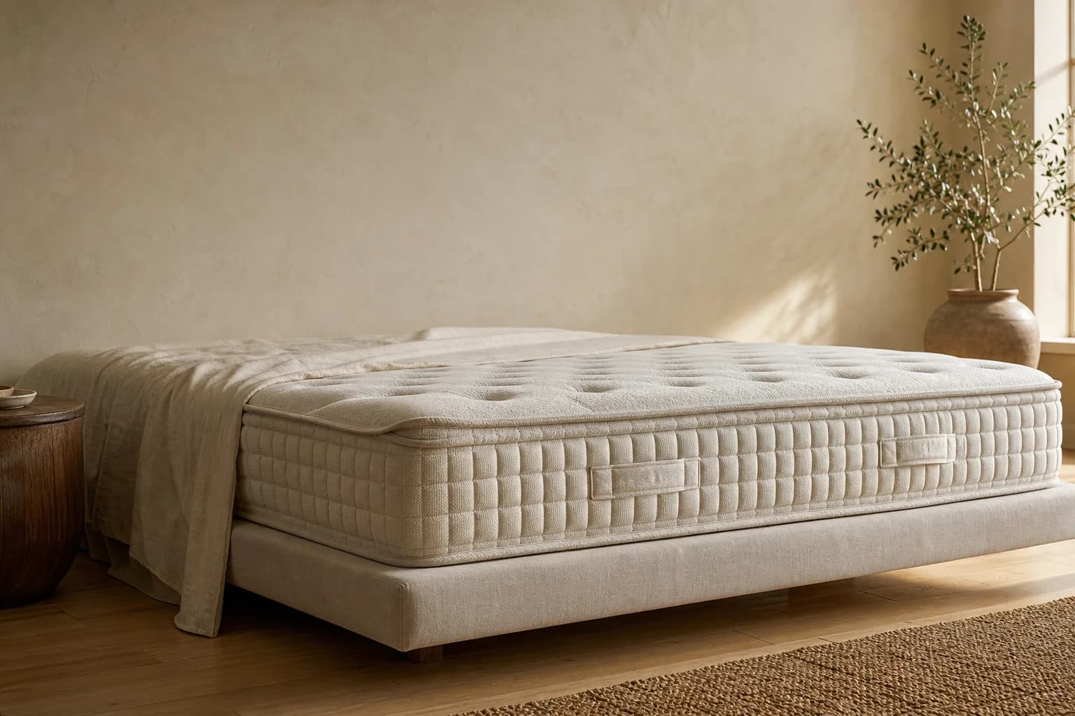 Matelas à ressorts ensachés MaisondAix, coupe d’épaisseur visible sur un sommier tapissier
