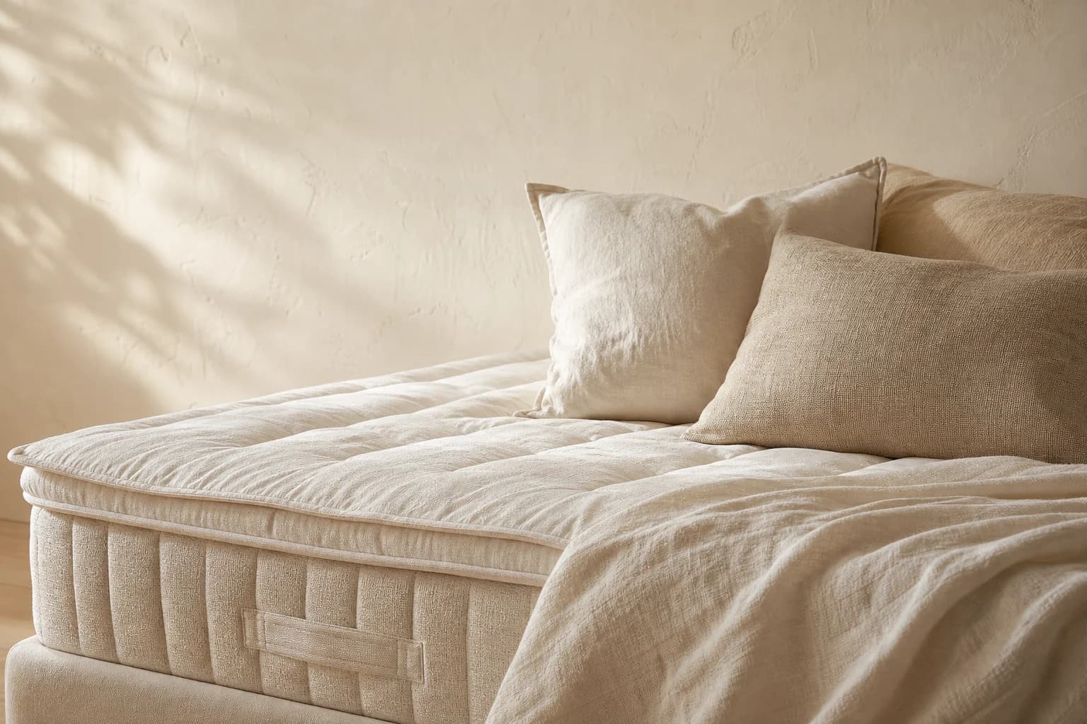Surmatelas et oreillers en coton lavé MaisondAix sur un couchage préparé