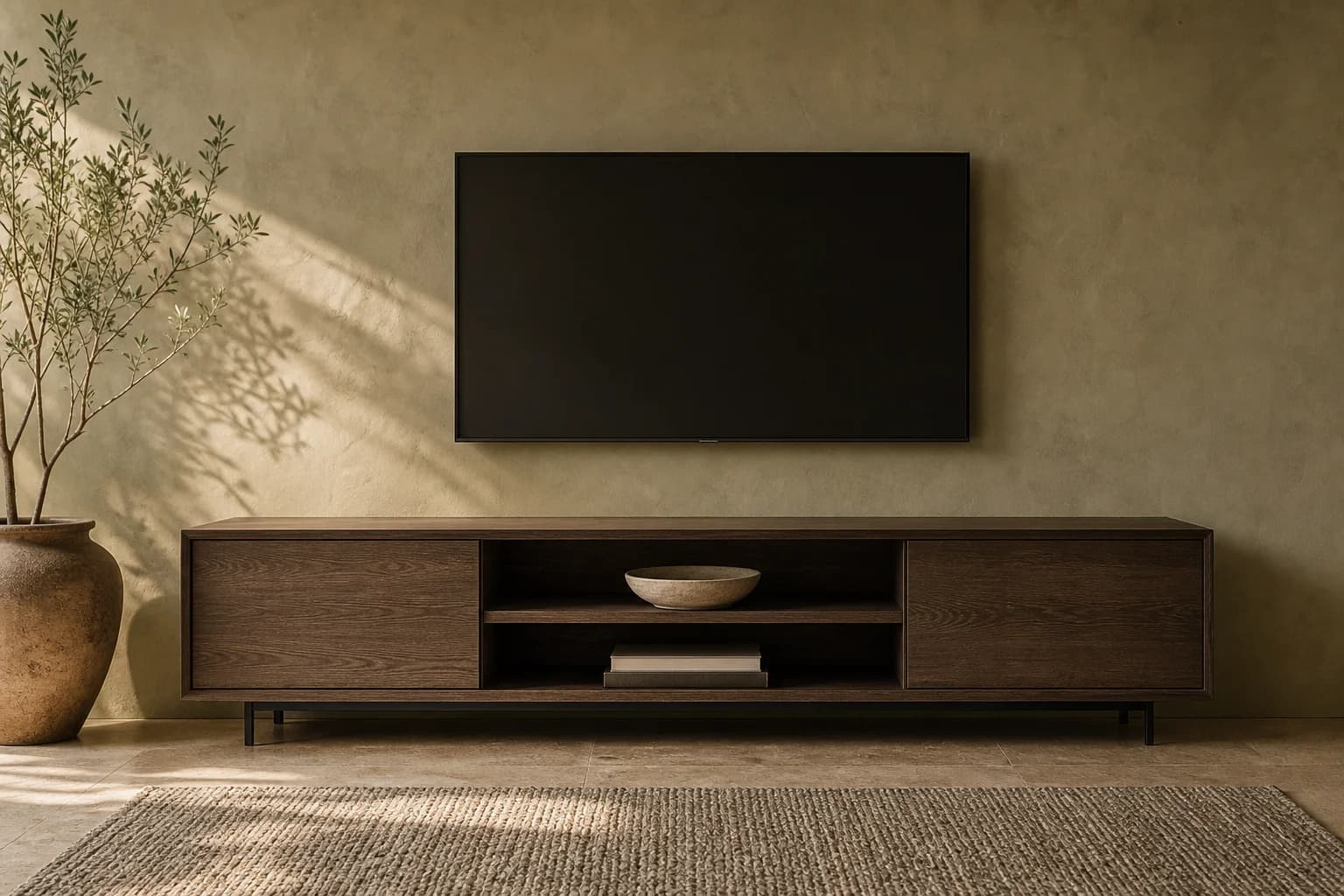 Meuble TV bas en bois et métal MaisondAix dans un séjour contemporain
