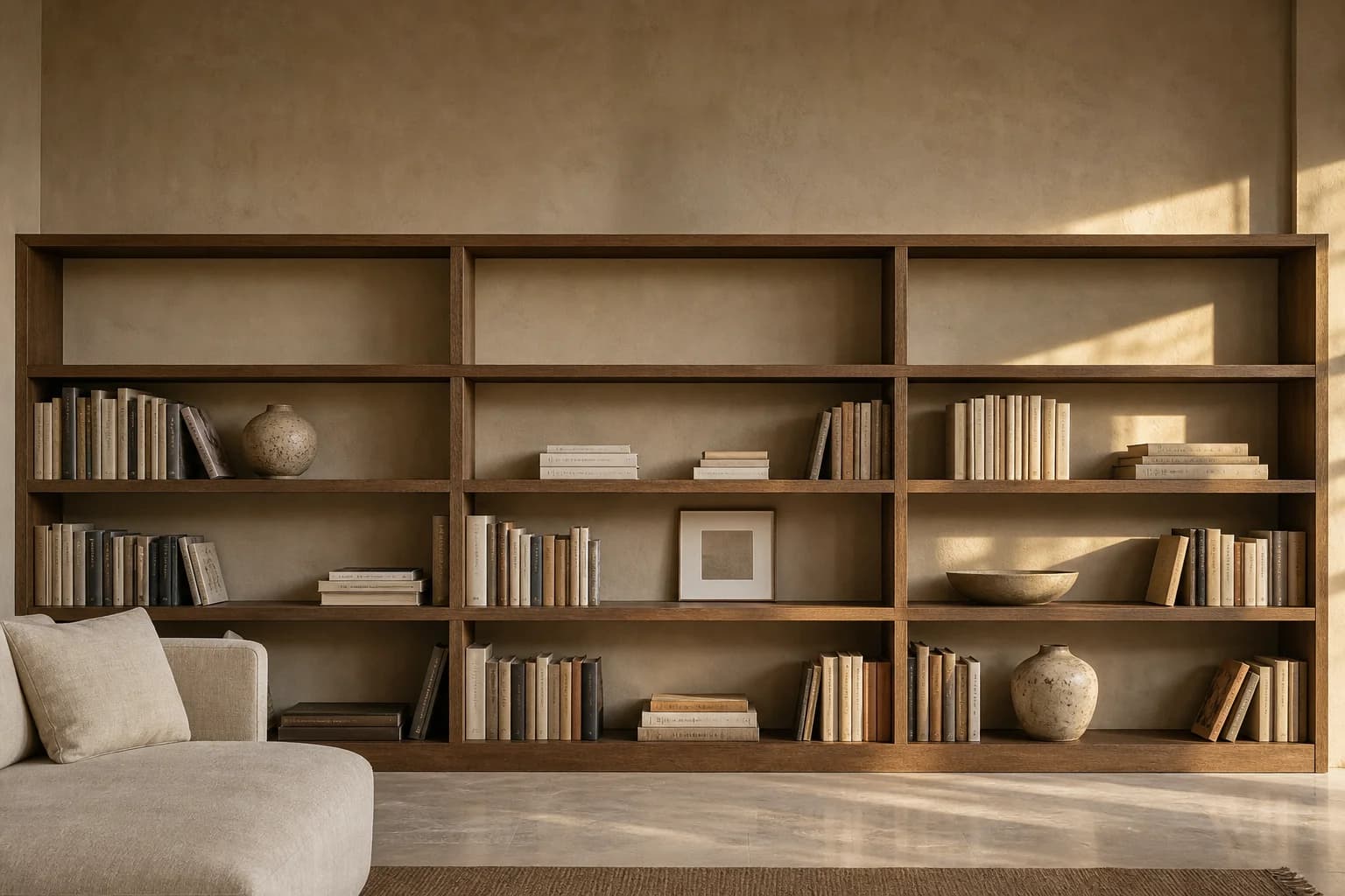 Bibliothèque murale en chêne MaisondAix, tablettes chargées de livres dans une lumière chaude