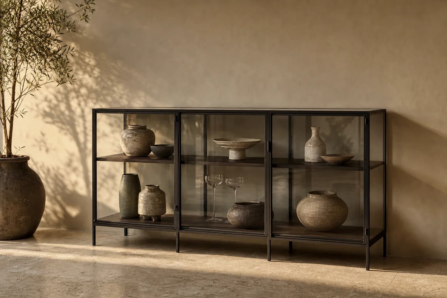 Vitrine en verre et métal MaisondAix mettant en valeur quelques pièces de céramique