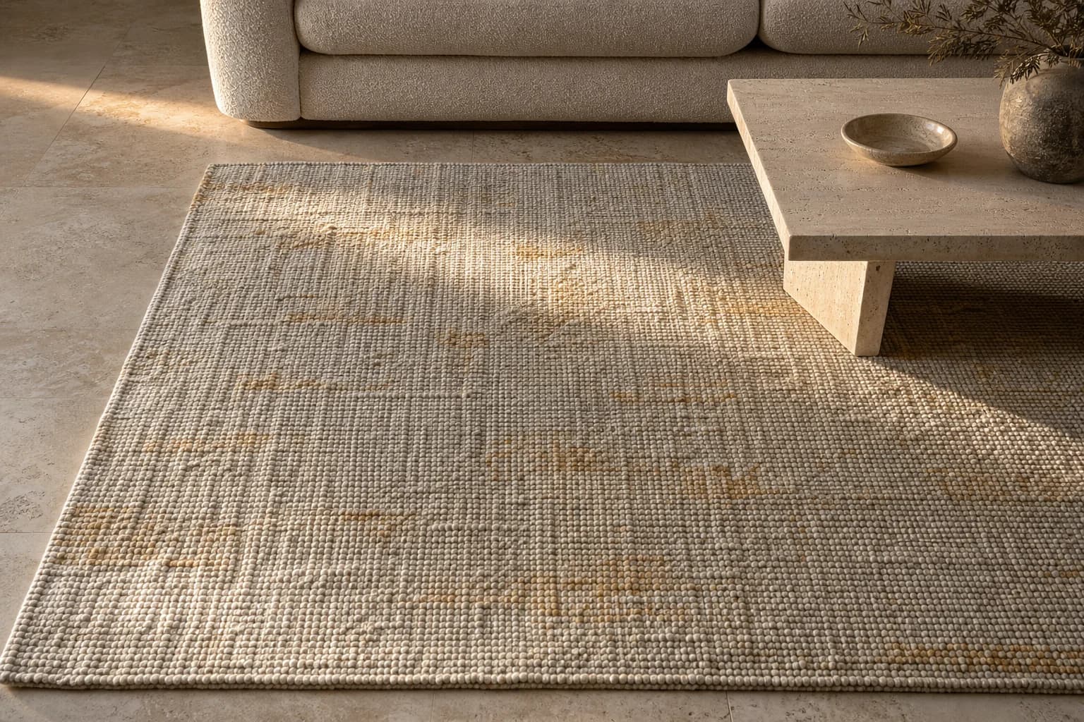 Tapis en laine tissée MaisondAix posé sous une implantation de salon contemporaine